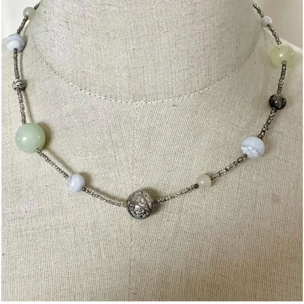 Blue laced agate and prehnite beaded necklace